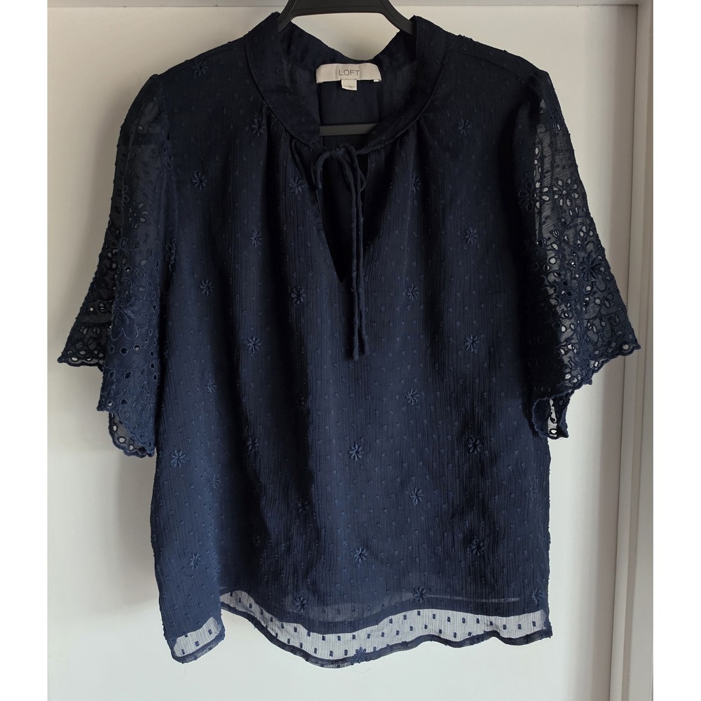 LOFT Blouse XL Navy Blue Floral Embroidery Split Neck Short Sleeve Boho Top